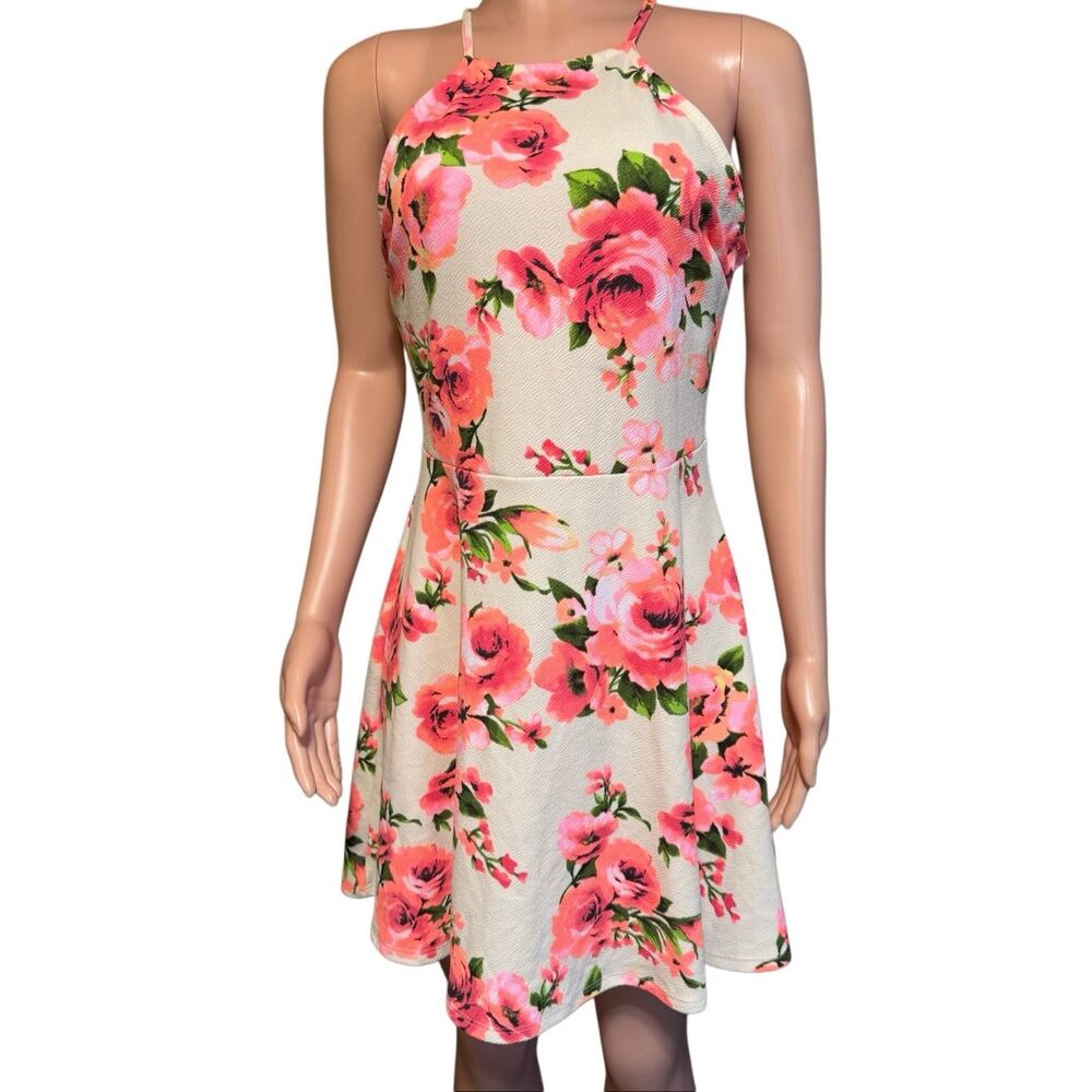 Charlotte Russe women halter neckline fit-and flare floral pink dress L - Picture 5 of 8